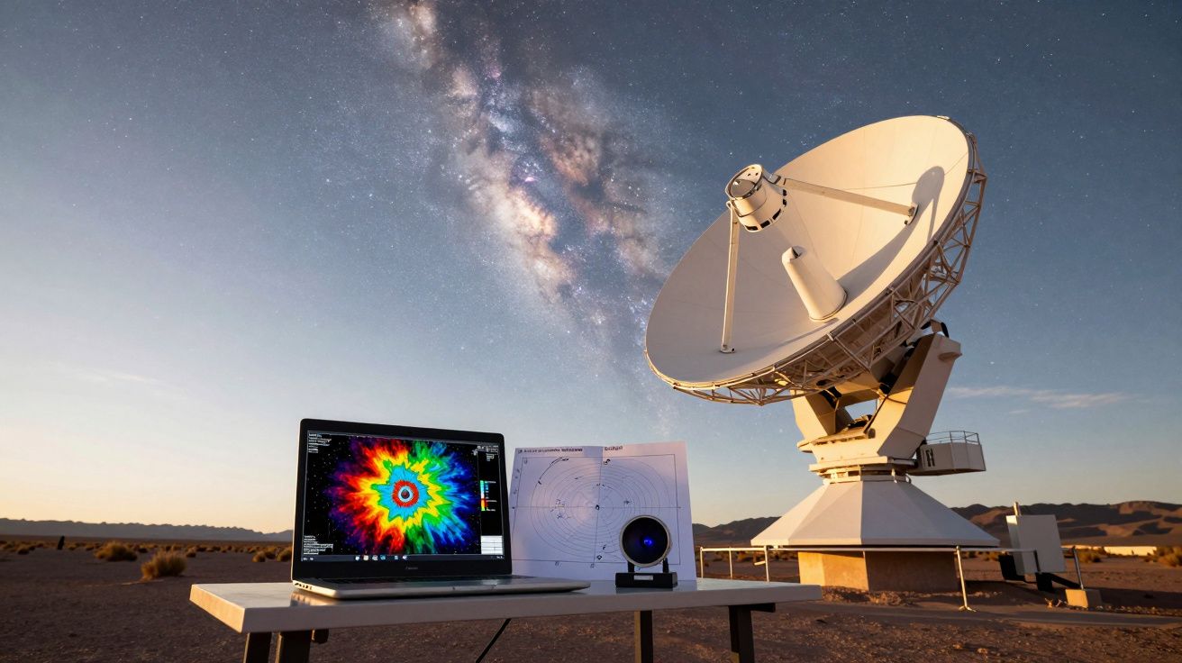 Computador e antena parabólica sob céu estrelado, capturando imagens astronómicas.