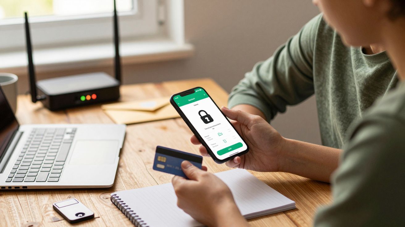 Pessoa segura smartphone com ícone de cadeado e cartão de crédito, laptop e bloco de notas na mesa.