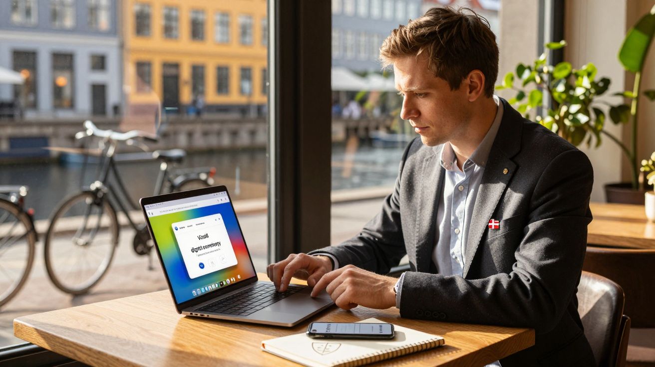 Homem num café a usar um portátil, sentado junto a uma janela com vista para um canal e bicicletas.