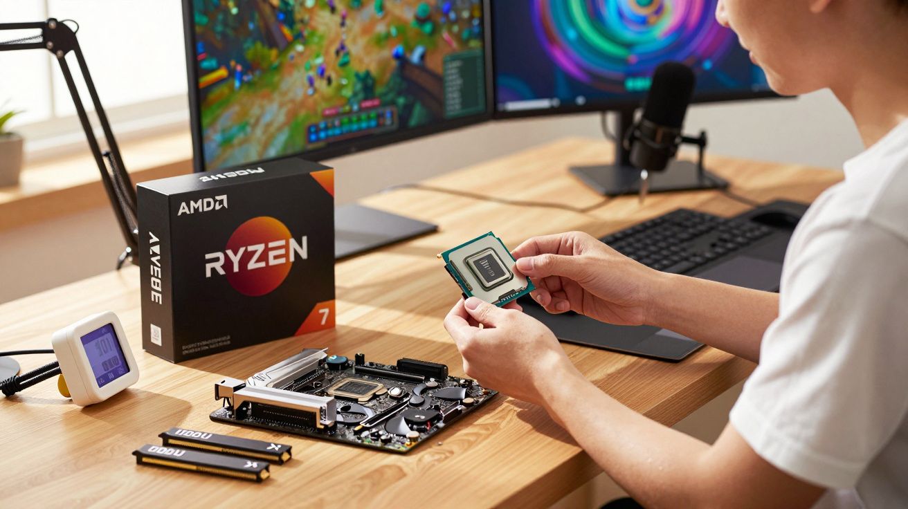 Pessoa segurando um processador AMD Ryzen, com uma motherboard e monitor em fundo de mesa de trabalho.