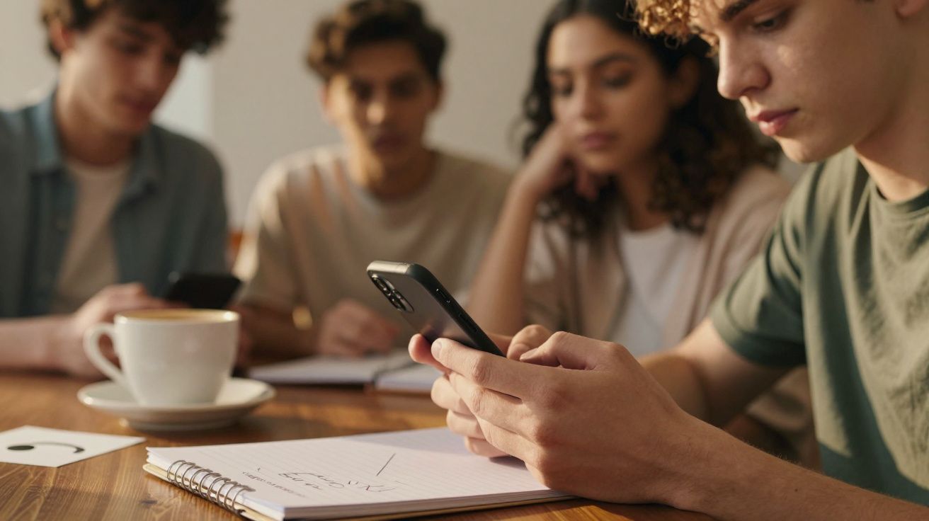 Quatro jovens sentados à mesa, usando smartphones e cadernos. Uma chávena de café está sobre a mesa.