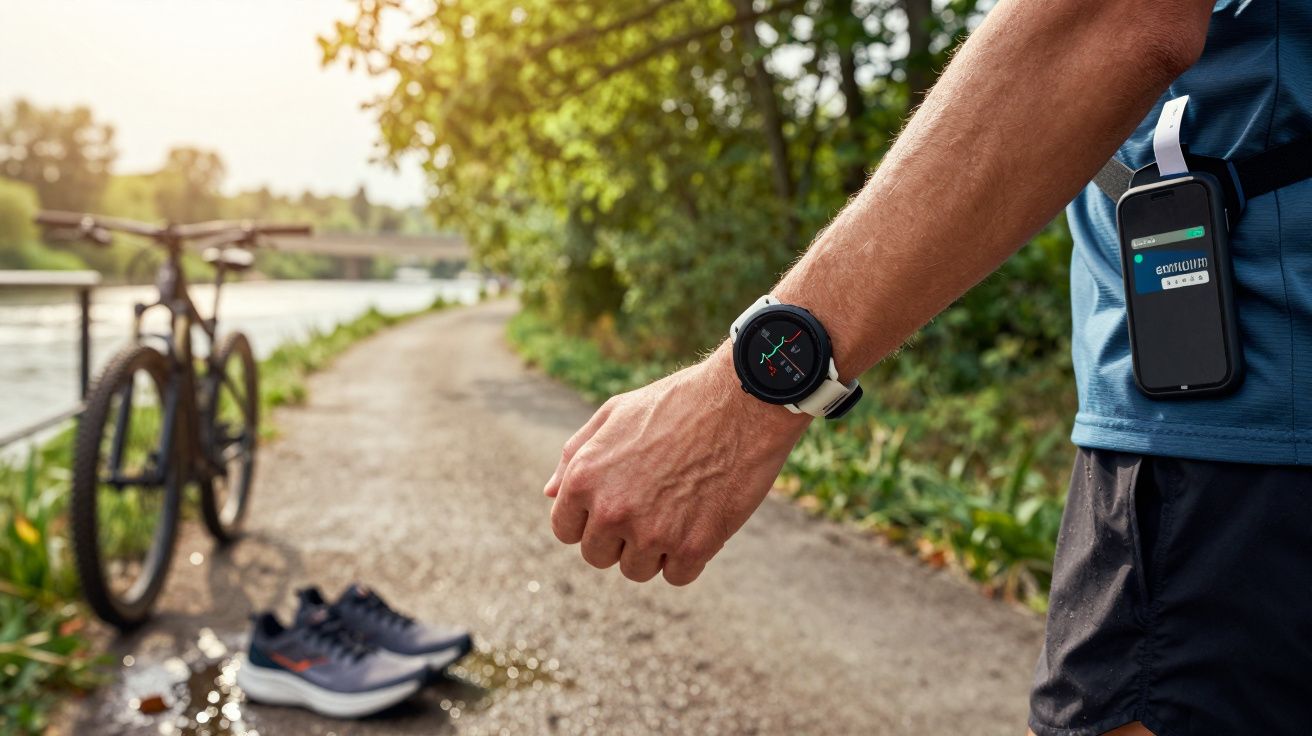 Pessoa com smartwatch num trilho, bicicleta e ténis no chão ao lado de um rio.