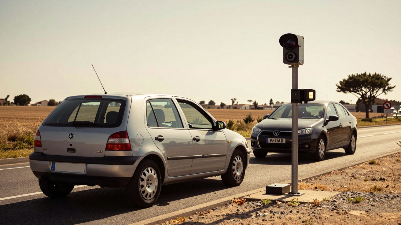 Dois carros parados na estrada ao lado de um radar de velocidade, com paisagem rural ao fundo.