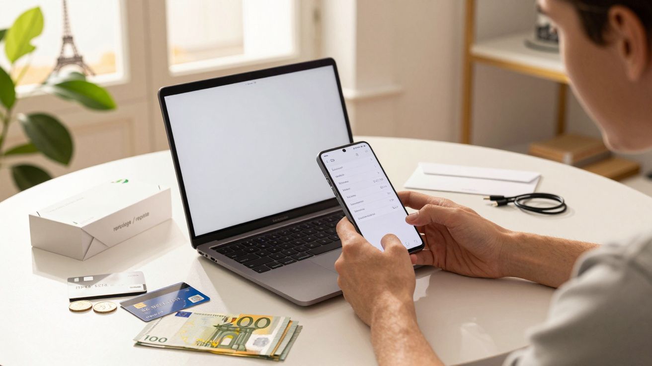 Homem usa smartphone à frente de um portátil, com cartões e notas sobre a mesa.