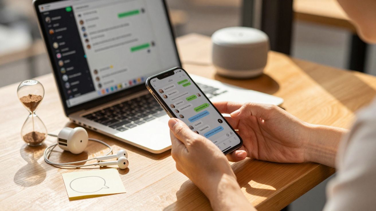 Pessoa a segurar smartphone com mensagens, ao lado de um portátil, fones e ampulheta numa mesa de madeira.