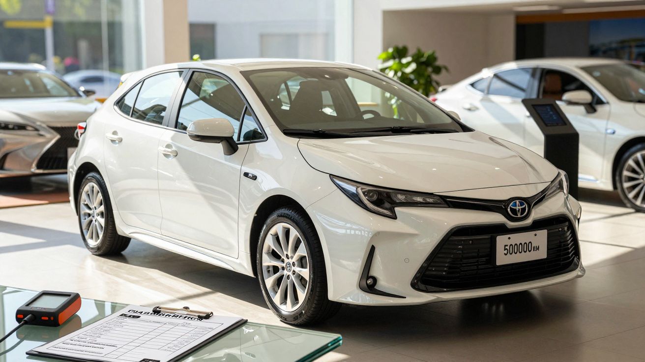 Carro branco exibido num concessionário bem iluminado, com detalhes modernos e uma placa dizendo "500000 KM".