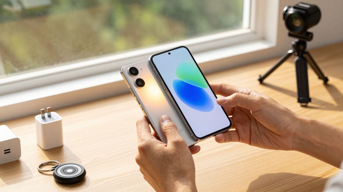 Mãos segurando smartphone com ecrã colorido em mesa de madeira, perto de janela; câmara e acessórios ao fundo.