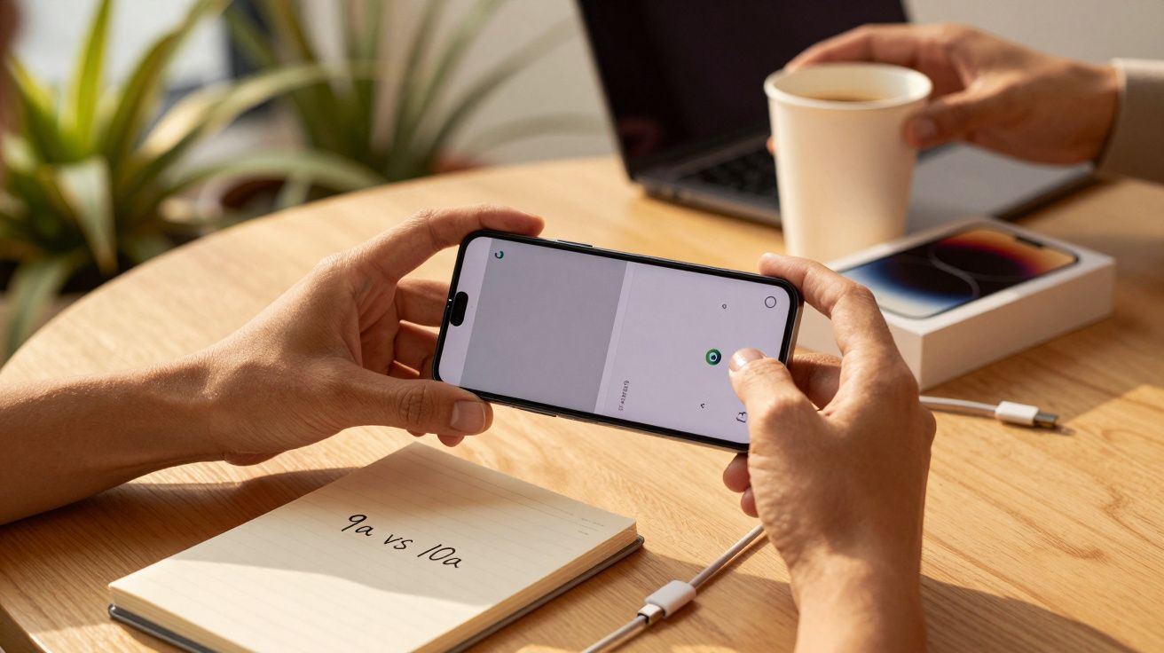 Pessoa segura smartphone junto a mesa com caderno, caneta, portátil e chávena. Título no caderno: "9a vs 10a".