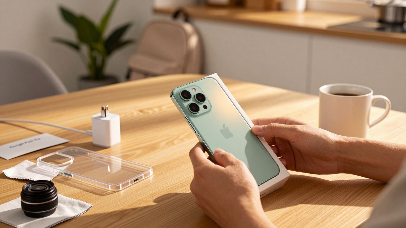 Pessoa desembrulhando smartphone verde em mesa de madeira, com acessórios, planta, mochila e chávena de café ao fundo.