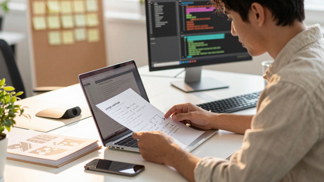 Homem no escritório, a ler documentos enquanto trabalha no portátil com código ecrã. Mesa com telefone e blocos de notas.