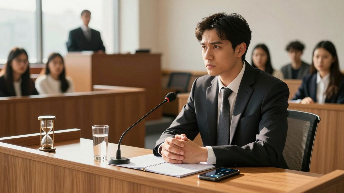 Homem de fato e gravata sentado num tribunal, com um microfone à frente, rodeado por várias pessoas ao fundo.