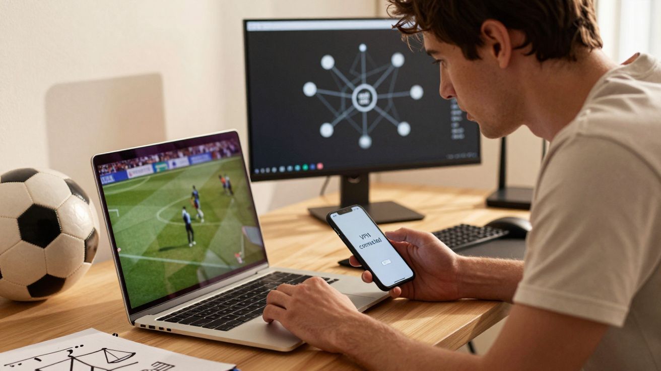 Homem a trabalhar num portátil, a ver futebol, com telemóvel na mão e bola de futebol ao lado.