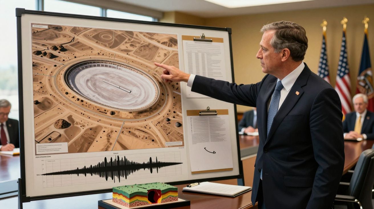 Homem de fato aponta para um quadro com imagem e gráficos, em sala de reunião com bandeiras ao fundo.