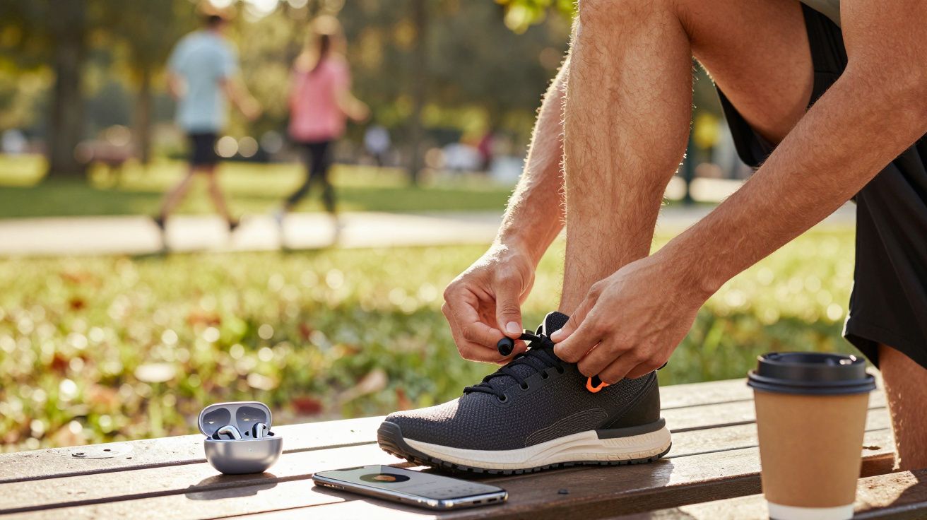 Homem a apertar os atacadores num banco de parque, com auscultadores, telemóvel e café ao lado.