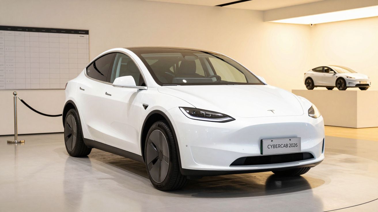 Carro elétrico branco em exibição numa sala de exposição com piso brilhante e modelo em miniatura ao fundo.