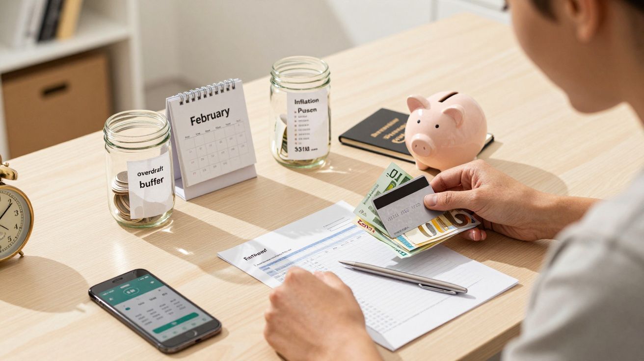 Pessoa organiza finanças numa mesa com dinheiro, recibos, telemóvel, um porquinho mealheiro e calendário de fevereiro.