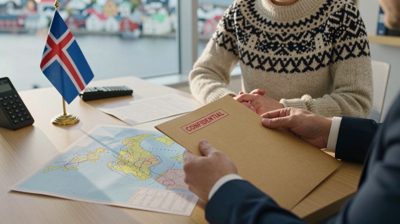 Pessoa segura envelope confidencial, bandeira da Islândia e mapa sobre a mesa em sala de reunião.
