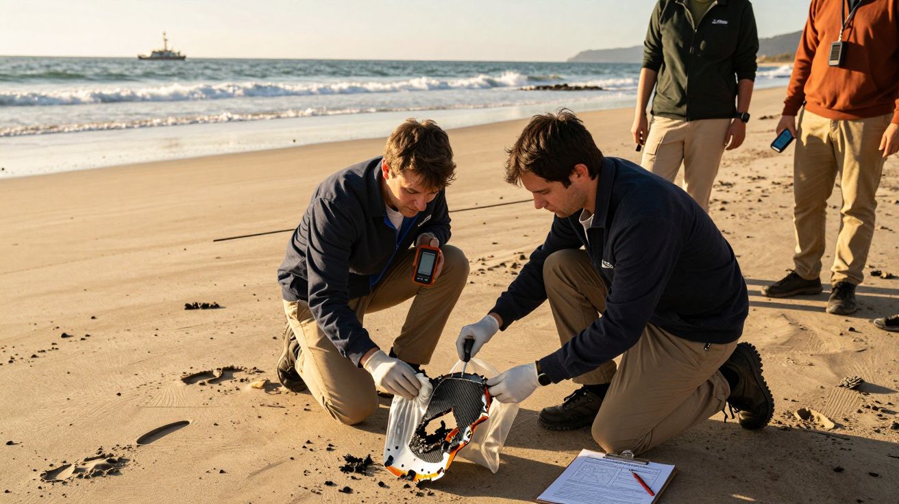 Dois homens analisam destroços na areia de uma praia; navio ao fundo no mar.