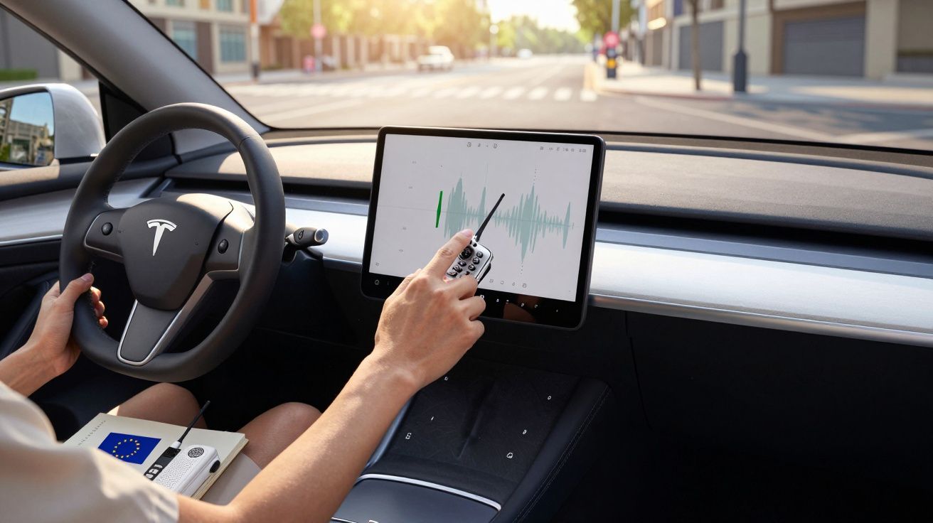 Pessoa no carro a usar tablet com gráficos na tela, volante à esquerda, rua ao fundo.