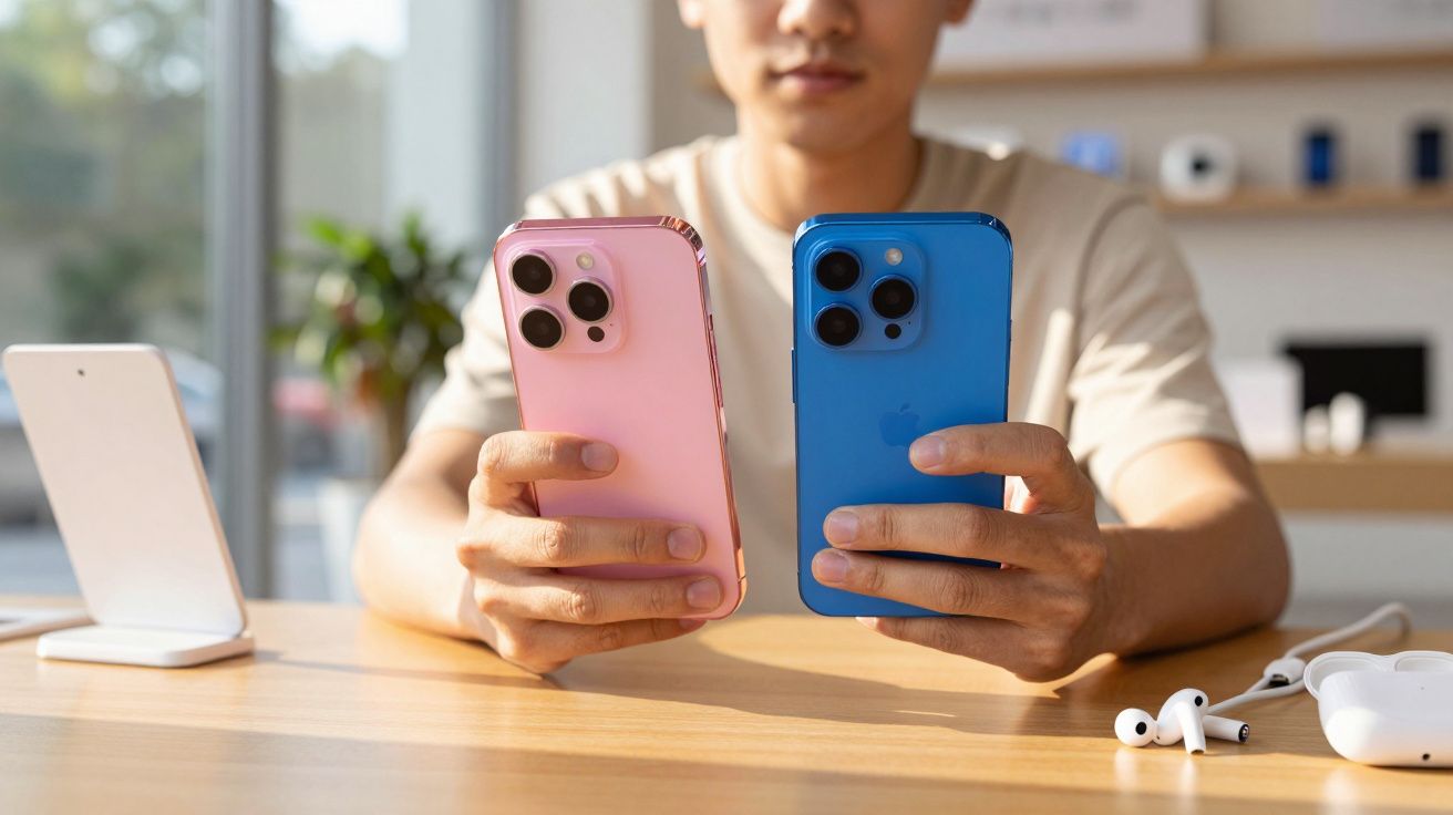 Homem segurando dois smartphones, um rosa e outro azul, sobre uma mesa de madeira.