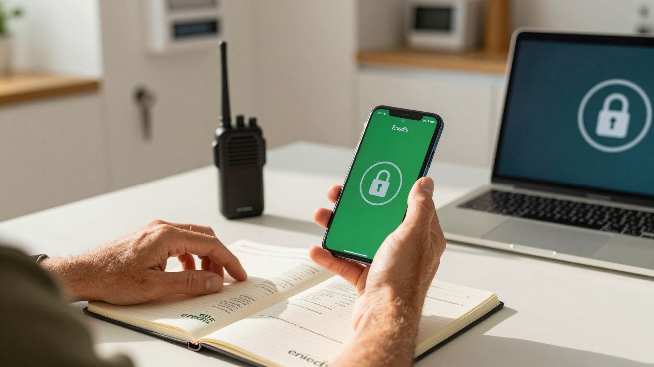 Pessoa segura telemóvel com ícone de cadeado, ao lado de computador portátil e rádio comunicador sobre a mesa.