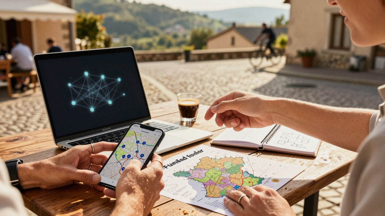 Duas pessoas analisam mapas num telemóvel e documentos, com um portátil ao fundo numa esplanada ensolarada.