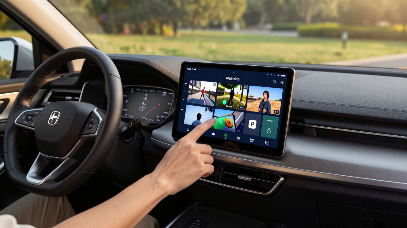 Pessoa toca num ecrã táctil de um carro, mostrando várias aplicações, com estrada e árvores ao fundo.