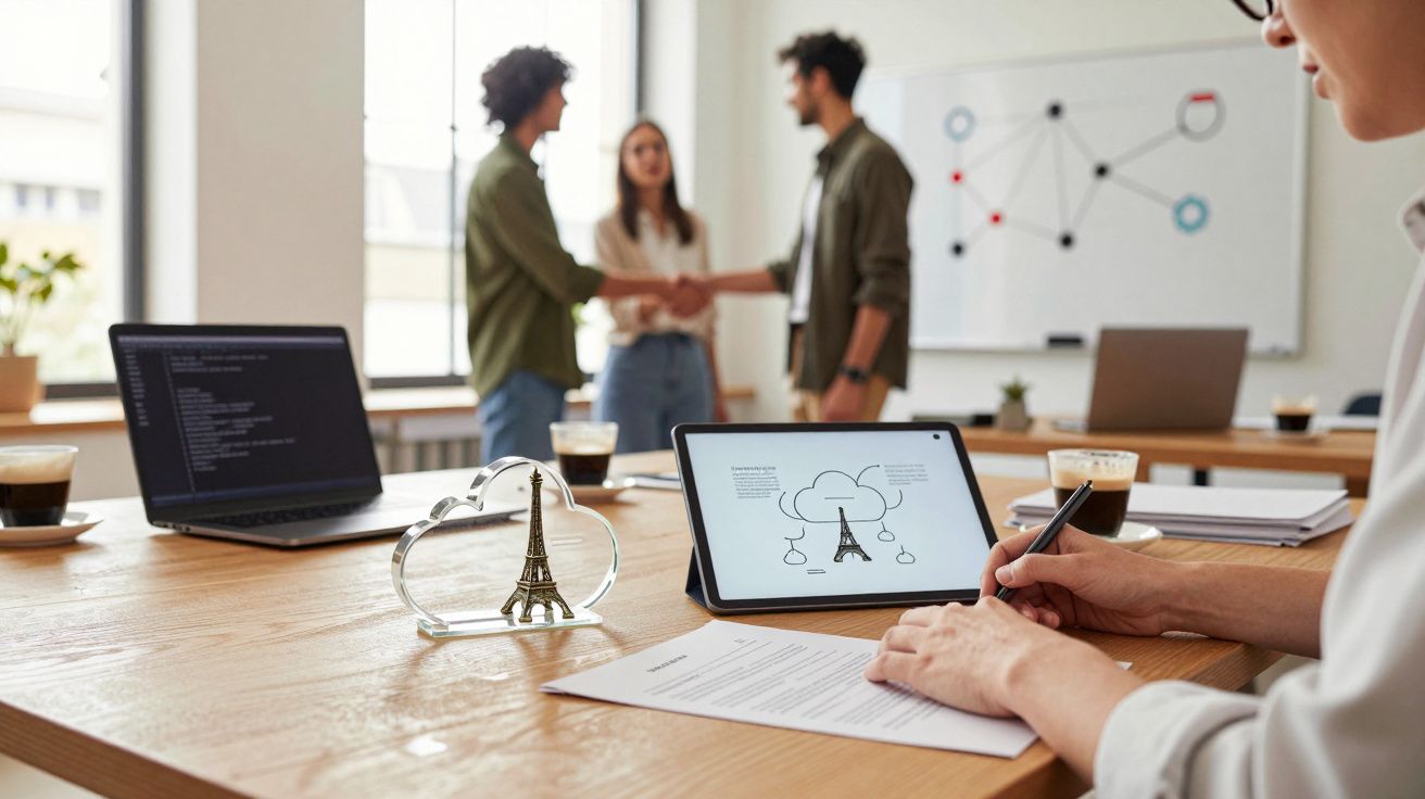Mesa de escritório com portáteis e tablet; duas pessoas cumprimentam-se ao fundo junto a quadro branco.