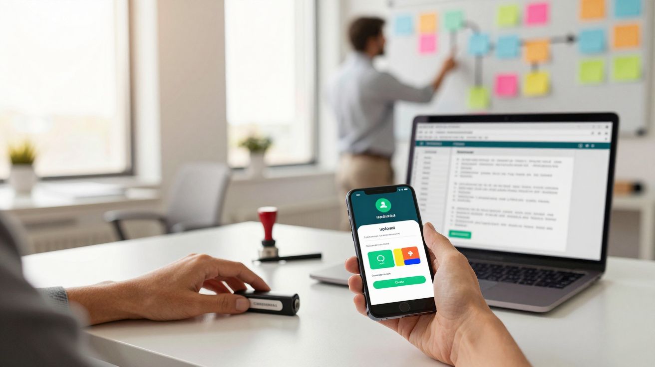 Pessoa segura smartphone com app de mensagens, enquanto outra trabalha num quadro de notas coloridas em escritório moderno.