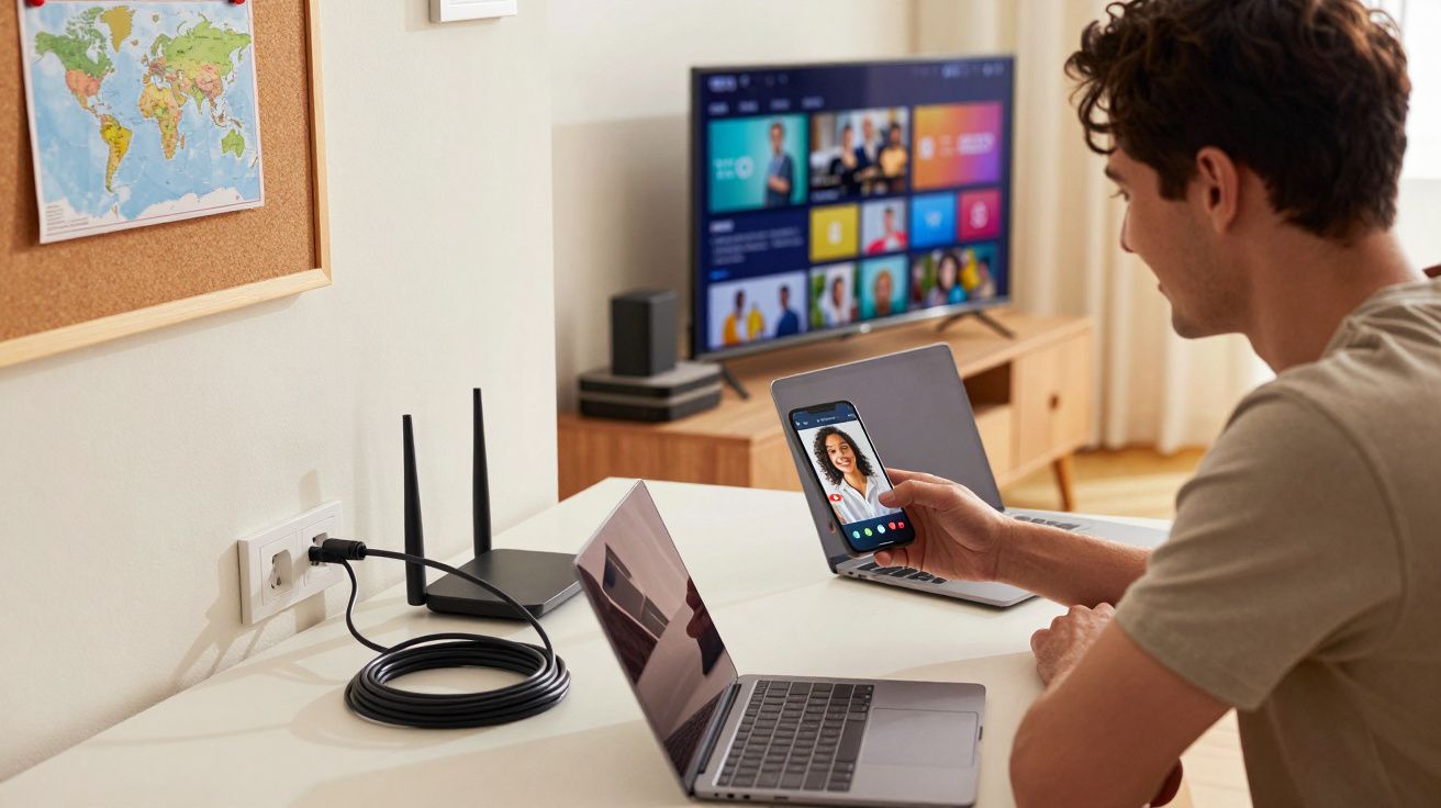 Homem usando smartphone e portátil numa secretária, com televisão ao fundo a mostrar várias aplicações.