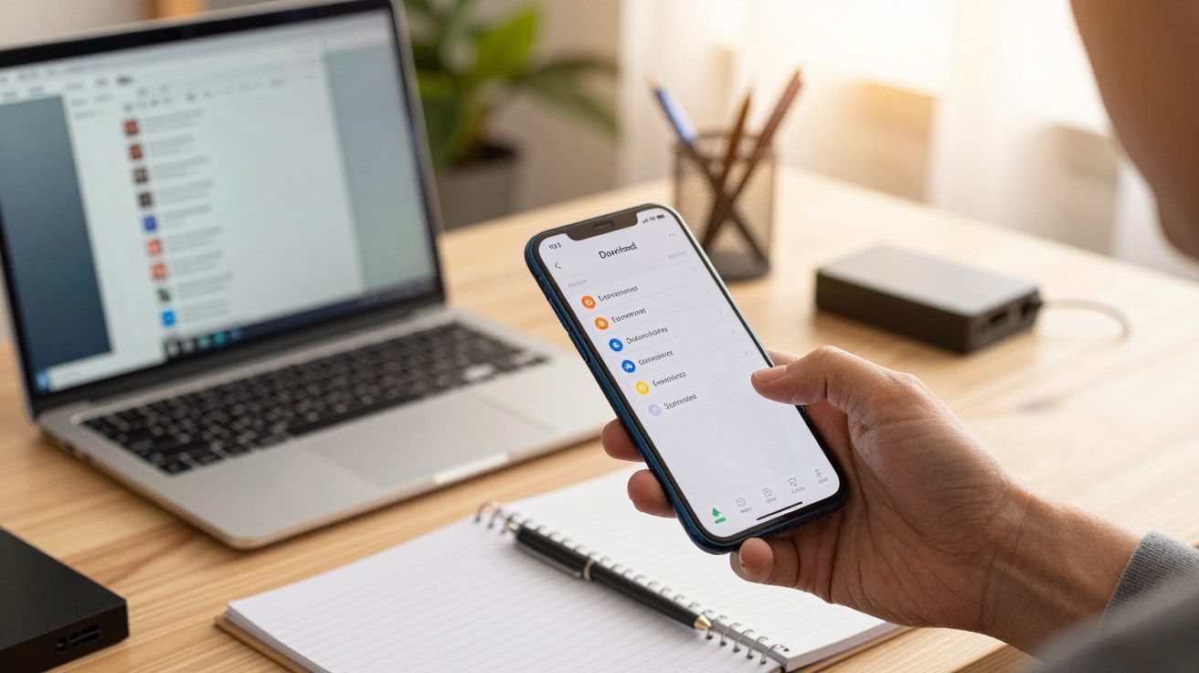 Pessoa segura smartphone com app de ficheiros, em frente de portátil numa secretária com caderno e caneta.