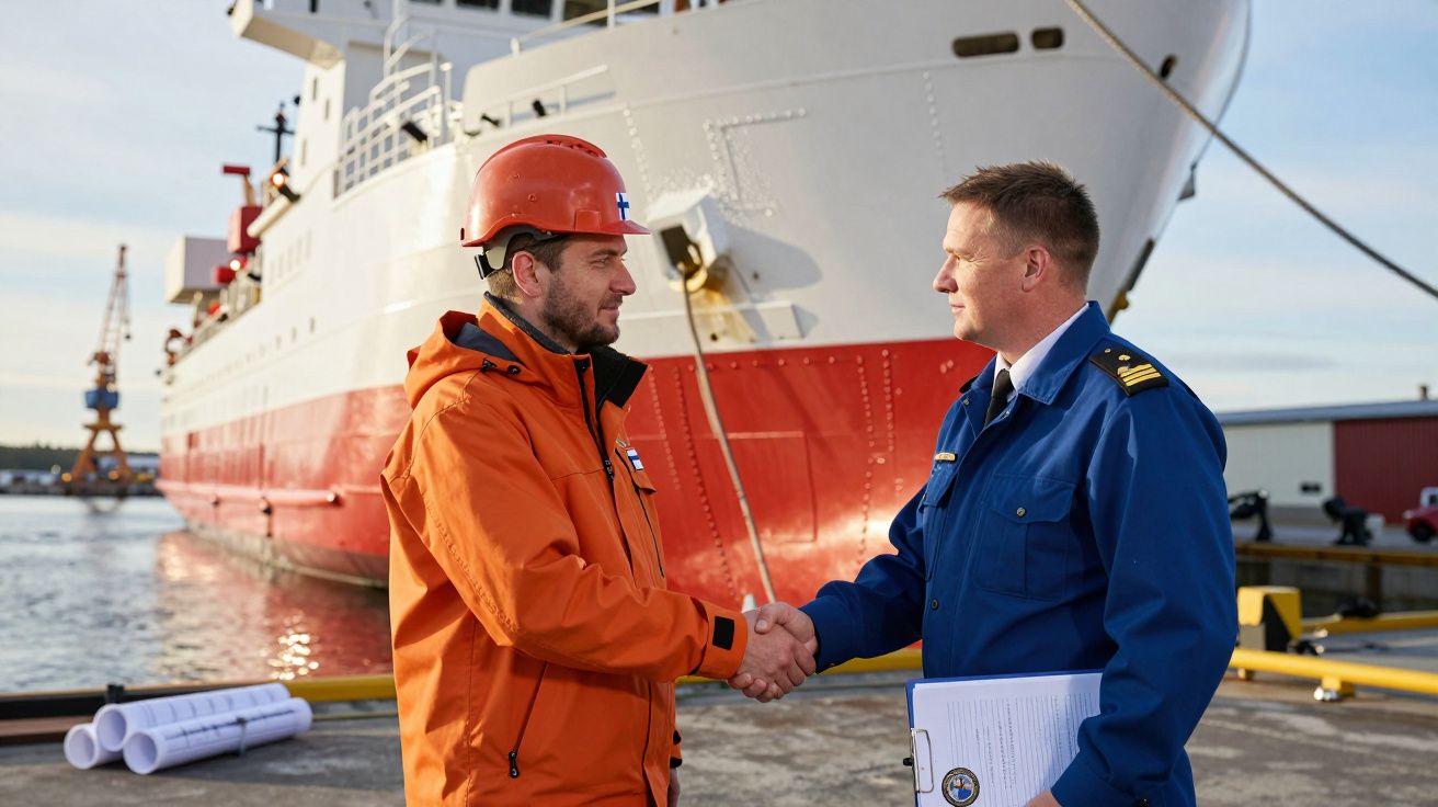 Dois homens cumprimentam-se à frente de um navio no porto, um deles com capacete e outro de uniforme azul.