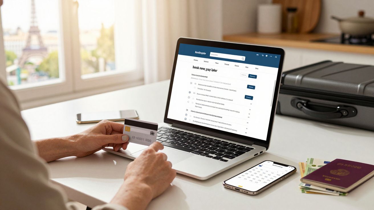 Pessoa faz compra online num portátil, segurando um cartão de crédito, com mala e passaportes ao lado.