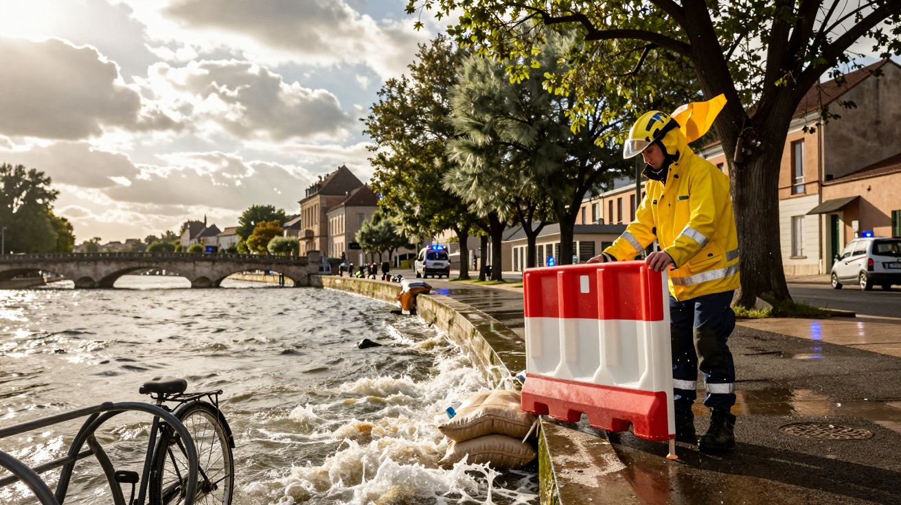 Bombeiro prepara barreira numa rua inundada por um rio transbordado, com árvores e edifícios ao fundo sob céu nublado.