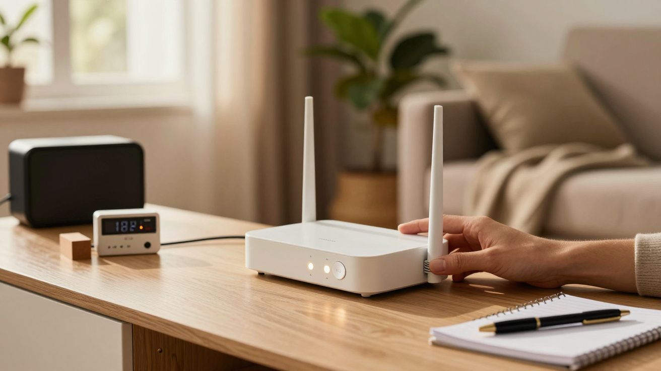 Mão ajusta antena de router branco sobre secretária de madeira, com bloco de anotações e caneta ao lado.