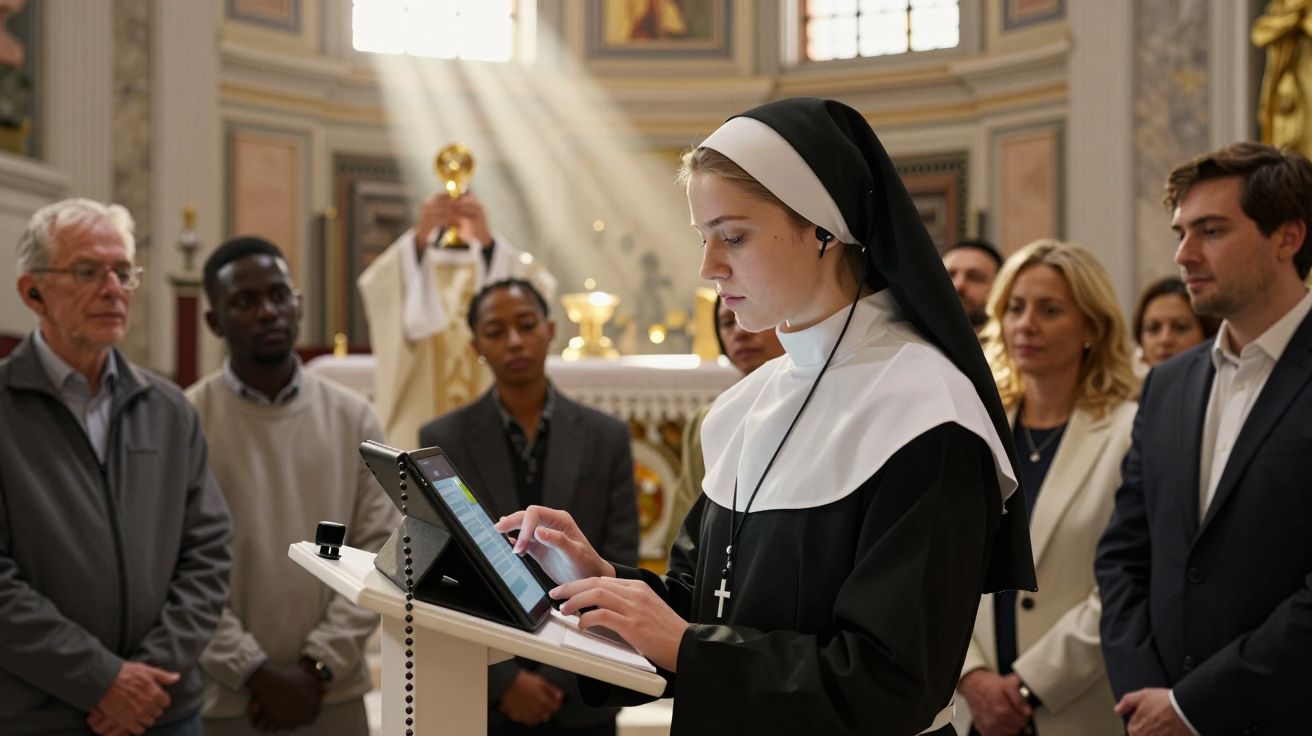 Freira usando tablet numa igreja, rodeada por pessoas; sacerdote ao fundo.