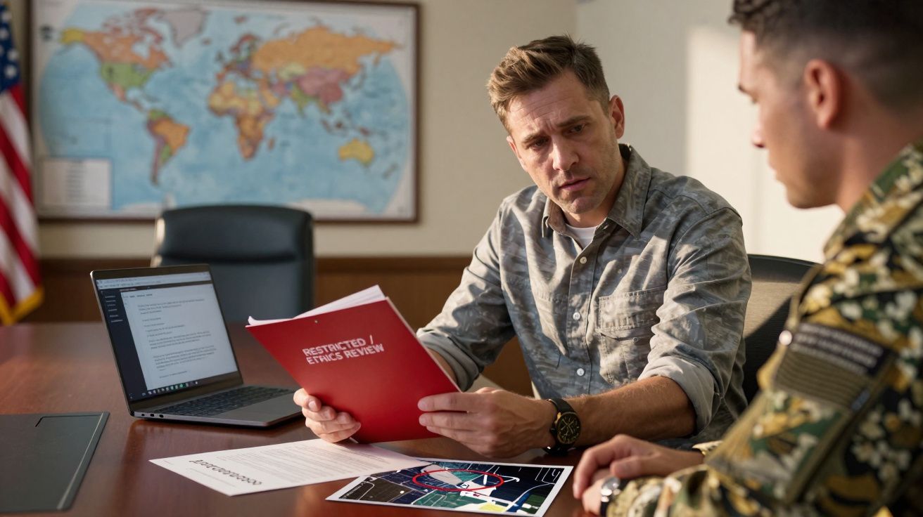 Homem em reunião com militar, segurando pasta vermelha. Mapa-múndi na parede, computador portátil na mesa.