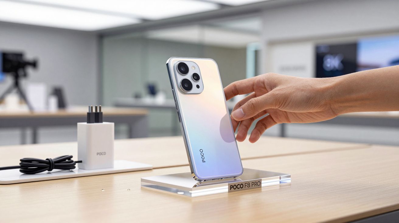 Pessoa segura o POCO F5 Pro num suporte numa loja, com um carregador ao fundo.