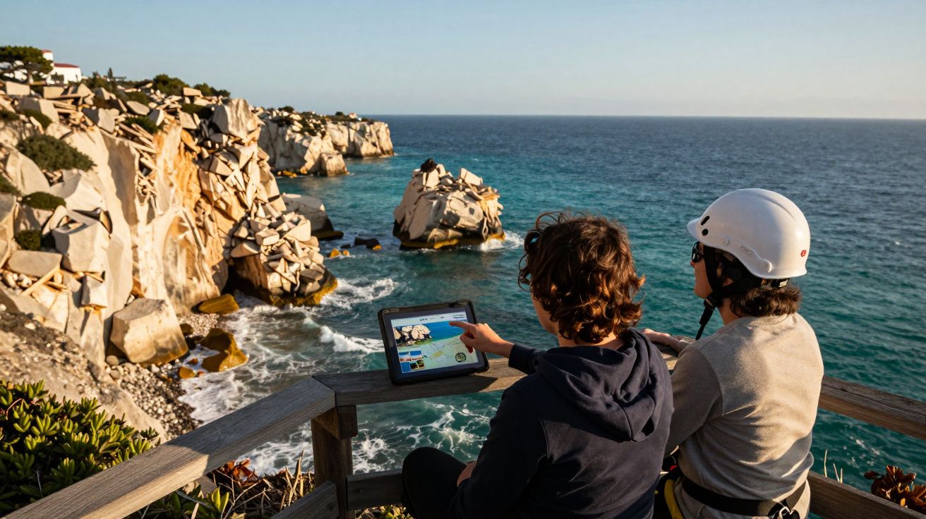 Duas pessoas em miradouro, uma de capacete, olham para tablet com vista para falésias e mar azul.