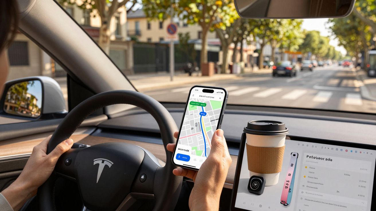 Pessoa a conduzir carro com GPS ativo no telemóvel e ecrã, café ao lado.