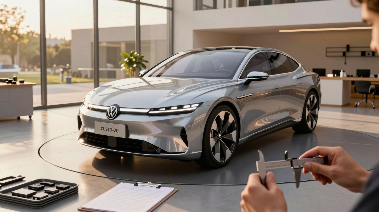 Carro elétrico prateado num showroom moderno, com uma pessoa medindo componentes ao fundo.