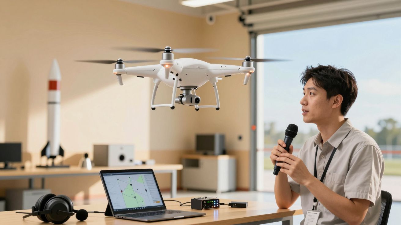 Homem com microfone demonstra drone a voar numa sala de conferências, com portátil e maquete de foguete em fundo.