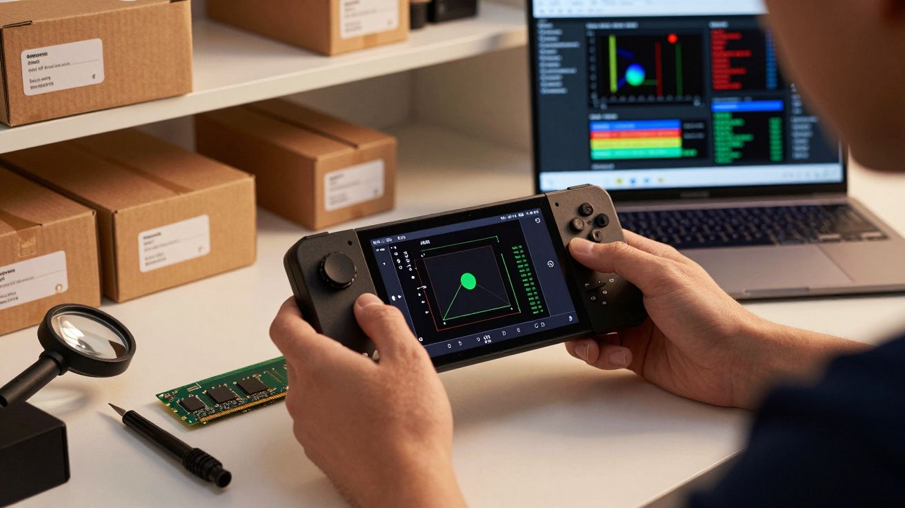 Pessoa a usar consola portátil com gráficos no ecrã, mesa com computador portátil em segundo plano.