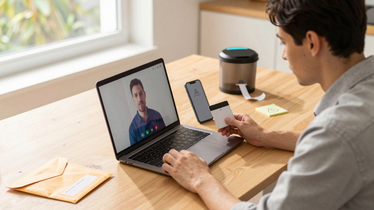 Homem em videochamada através de portátil numa mesa de madeira, segurando um cartão. Smartphone e envelope ao lado.