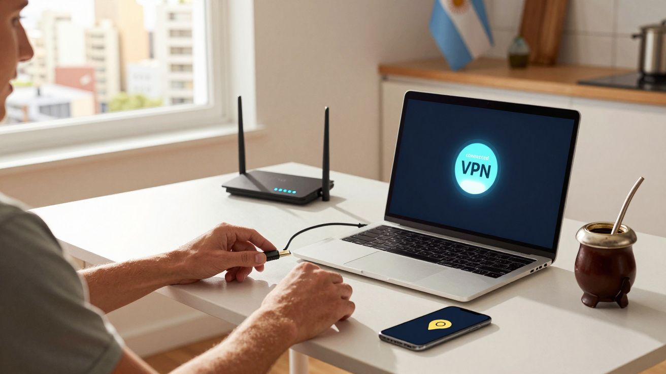 Homem usando portátil com VPN ligado, num escritório moderno com roteador e chávena ao lado.