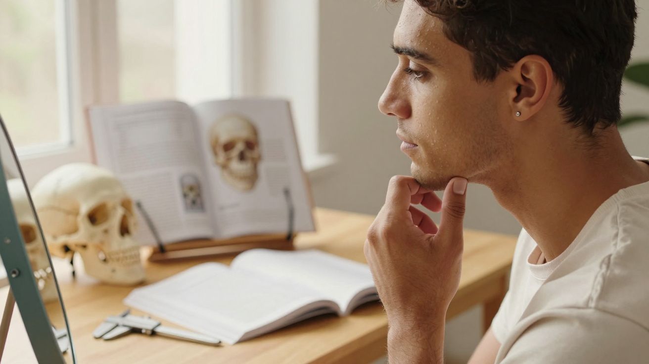 Jovem pensa em frente a livros abertos com imagens de crânios. Um modelo de crânio está sobre a mesa ao lado.