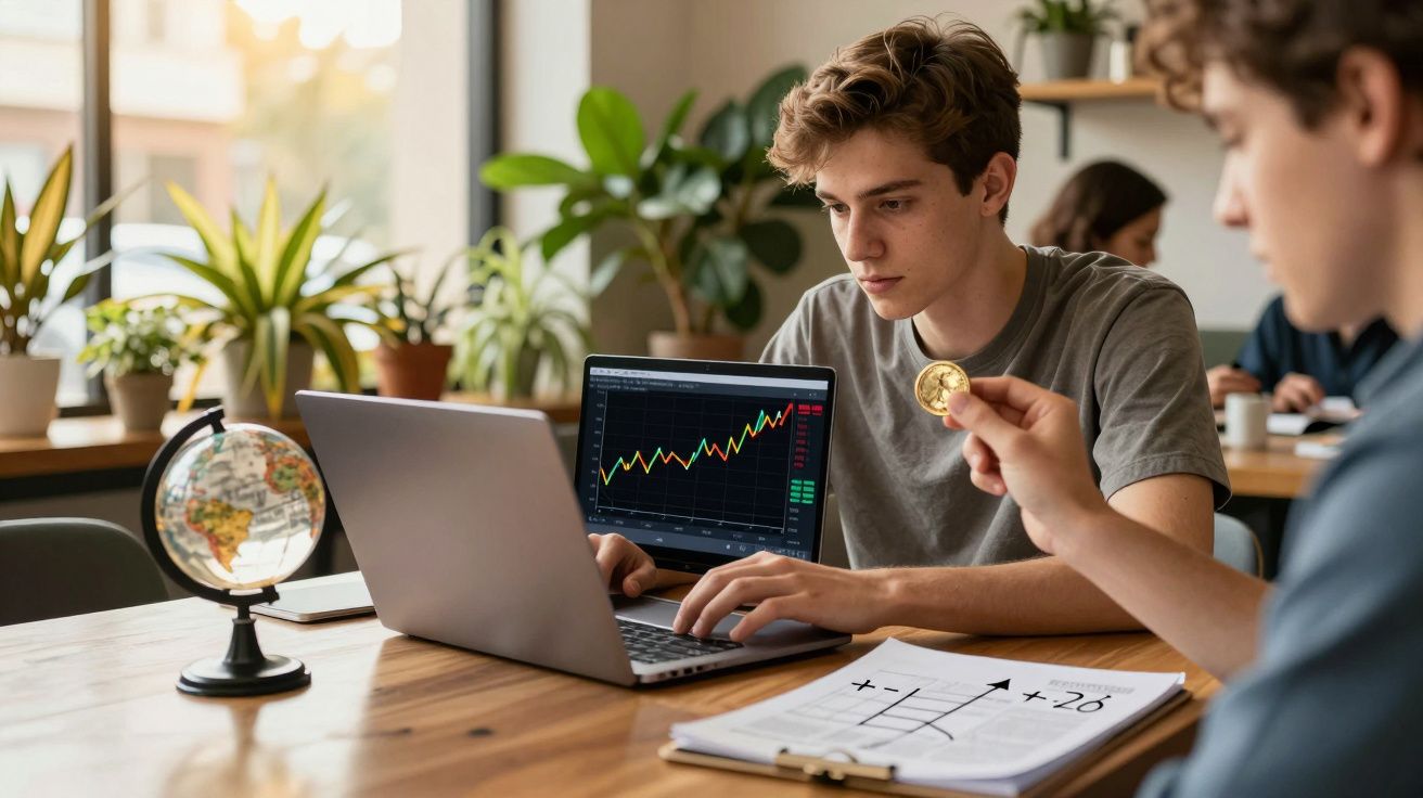 Jovem analisa gráfico financeiro no portátil enquanto outro segura moeda de ouro, com plantas e cadernos ao redor.
