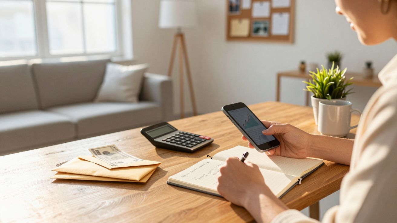 Pessoa trabalha à mesa com caderno, smartphone e calculadora ao lado de envelopes e planta.