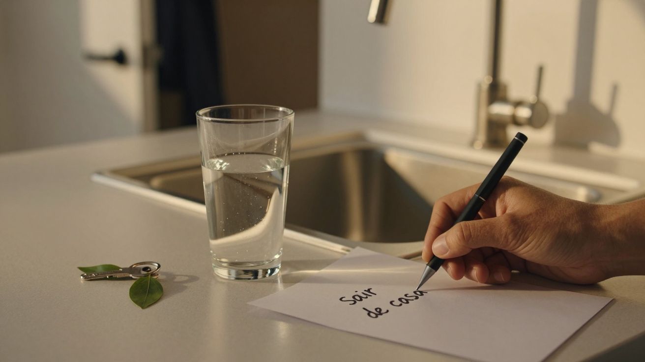 Mão escrevendo "Sair de casa" numa folha branca ao lado de um copo de água e uma chave sobre a bancada da cozinha.