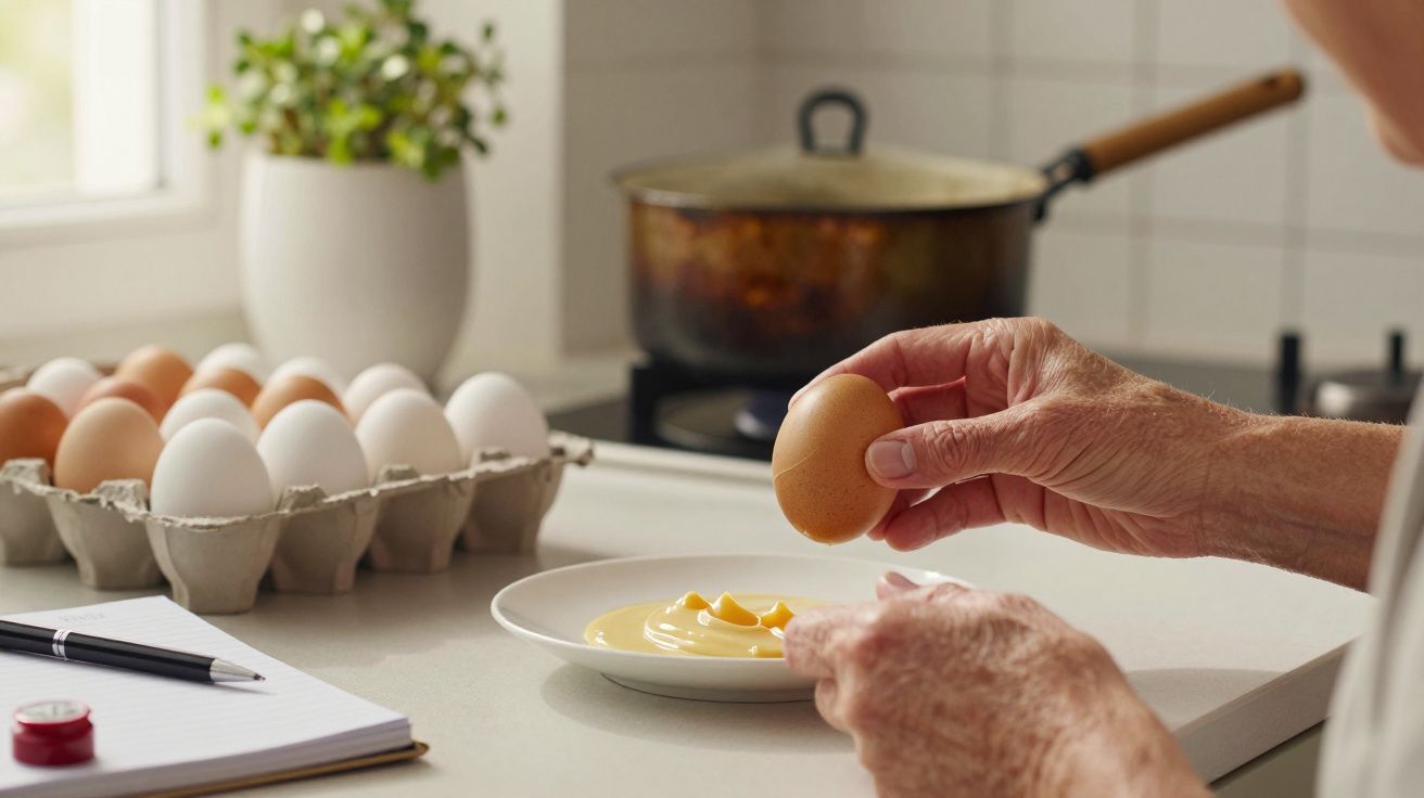 Pessoa quebra um ovo sobre um prato na cozinha. Ao fundo, uma panela e ovos numa embalagem.